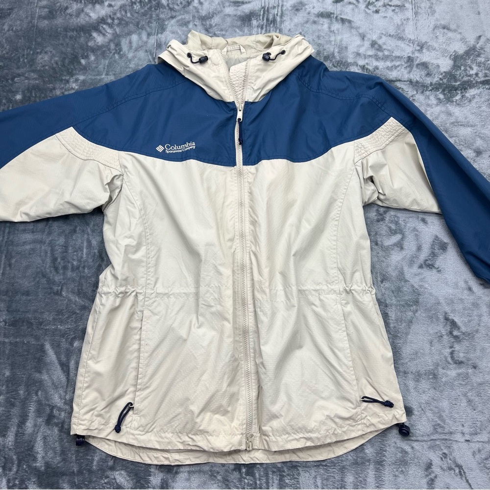 Columbia Women's Medium Tan Blue Lightweight Hooded Jacket Coat Full Zip EUC - Picture 12 of 13